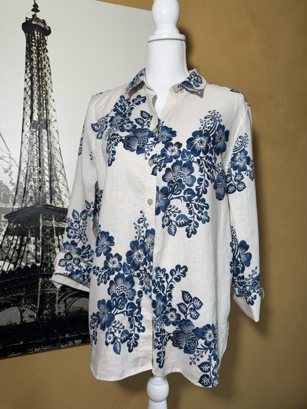 Chico's White Shirt with Navy Floral Print